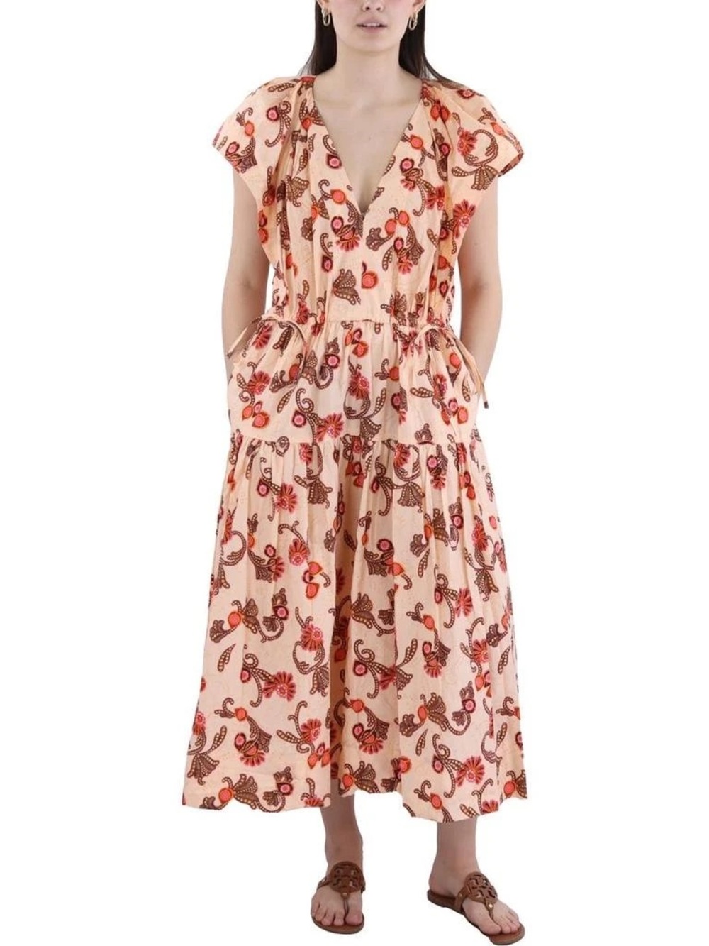 A.P.C. Carmela Printed Puff Sleeve Tiered Midi Dress In Rosa Multi